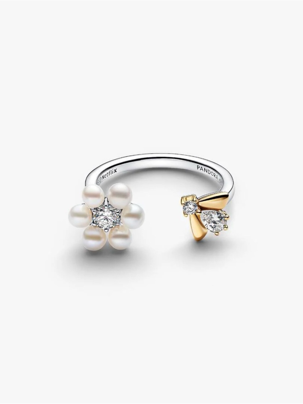 NWT Pandora Bridgerton Bee & Treated Freshwater Cultured Pearl Flower Open Ring